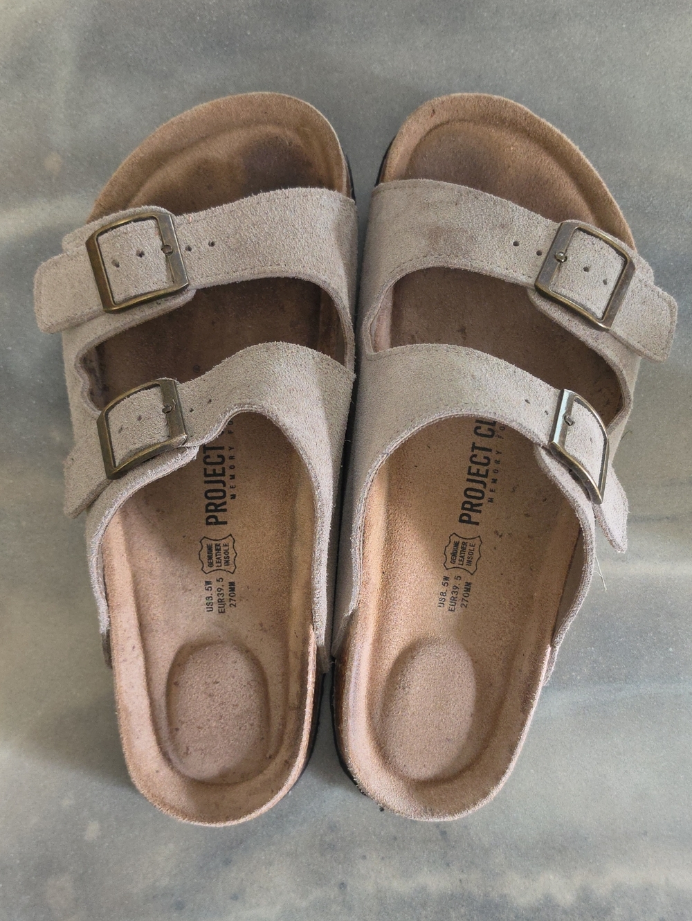 Womens Double Buckle Suede Sandals in Taupe